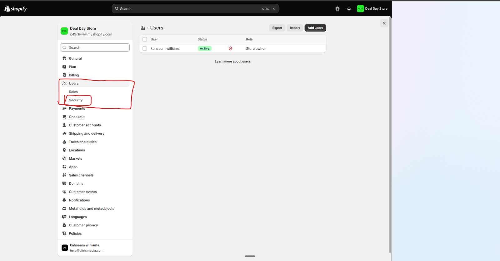 Shopify Settings Users with Security sub-tab