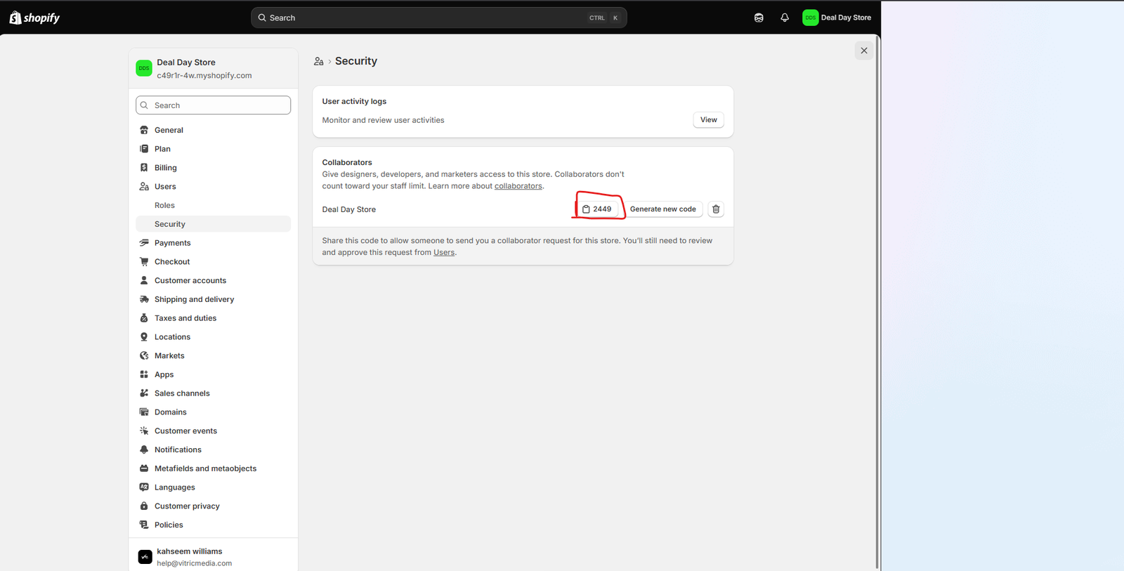 Shopify Collaborators section with 4-digit code